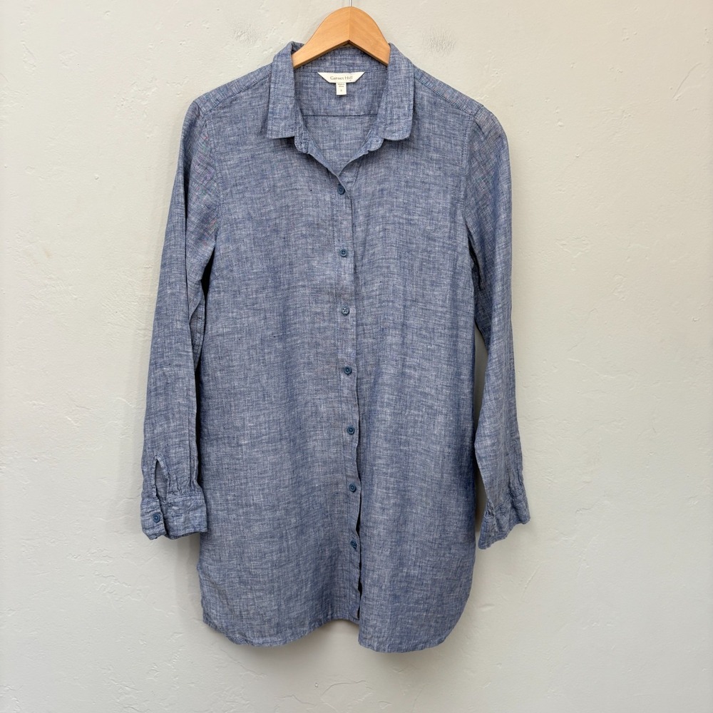 Garnet Hill 100% Linen Shirt Women Size Small Blue Button Up Long Sleeve